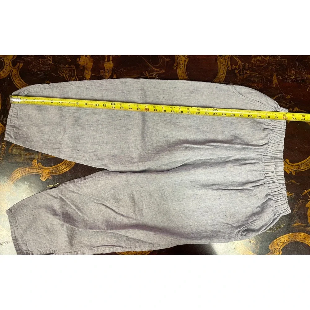 FLAX Jeanne Engelhart 3 Pc Blue 100% Linen Set Shirt Top Barrel Crop Pants S